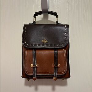 Chic Brown Leather Backpack with Bee Accent
